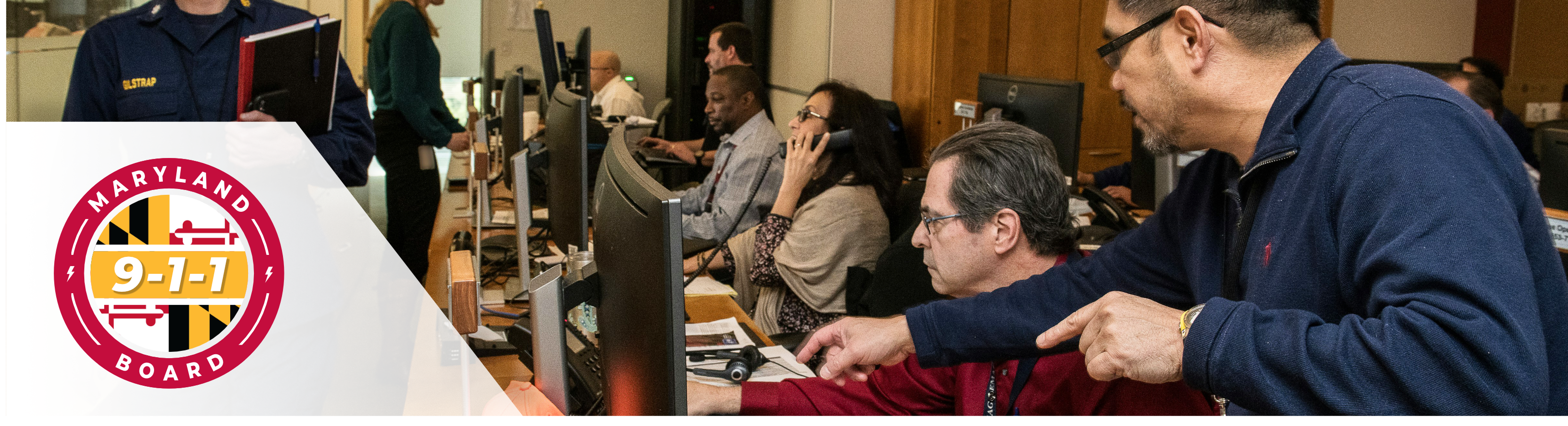 A header photo of a dispatch center, with the Maryland 911 Board Logo